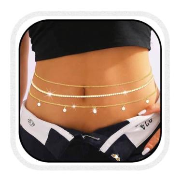 Imagem de Cosydays Corrente de cintura com strass brilhante em camadas douradas para biquíni de praia para mulheres e meninas, 45 inches, Liga metálica, Strass