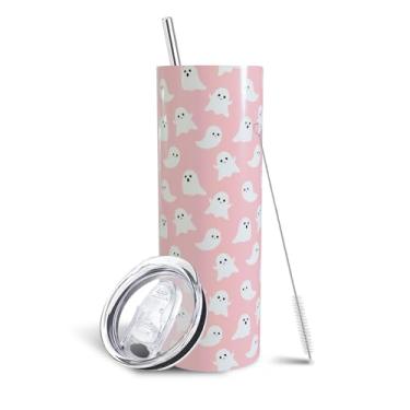 Imagem de Aokoyi Copo skinny Halloween Ghosts de 590 ml com alça e canudo, bonito copo assustador de aço inoxidável com parede dupla isolado a vácuo, presentes de Natal para mulheres e meninas