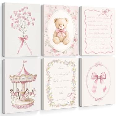 Imagem de Arte de parede de berçário rosa para decoração de parede de bebê menina imagens de quarto de meninas vintage impressões de berçário pôster infantil arte de urso fofo pintura de arco floral para quarto