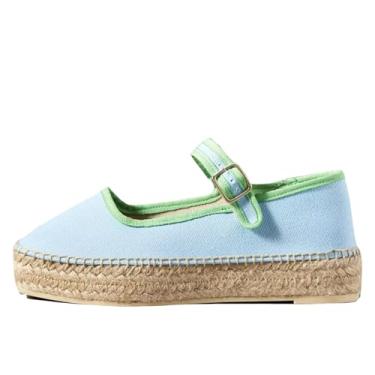 Imagem de keleimusi Sapatilhas femininas Mary Jane com alpargatas plataforma, alpargatas tecidas, lona, verão, sapatilha, Azul, 39