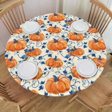 Imagem de Toalha de mesa redonda de outono laranja abóbora folha azul com borda elástica tema de outono toalha de mesa lavável reutilizável para cozinha interna festa em casa cabe 114-127 cm