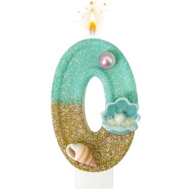 Imagem de Velas de aniversário, azul praia número 0 decoradas com conchas e pérolas para topo de bolo, adequado para decorações de bolo de sereia, decoração de aniversário com tema de oceano (0 vela)