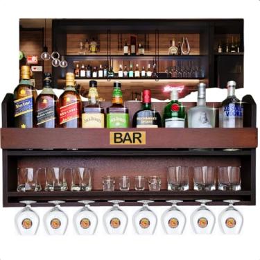 Imagem de Bar Barzinho Adega Aparador Suspenso Porta Taças Vinhos Bebidas Madeira Grande MDF Decoração Churrasco Rustico 100x45cm Tabaco Fosco