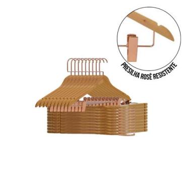 Imagem de Kit 10 Cabides Adulto Madeira Marfim com Presilhas Rosé e Gancho Luxo 