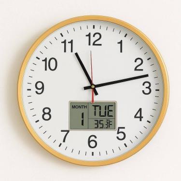 Imagem de Relogio Dourado Analogico De Parede Calendario Termometro Digital Despertador Escritorio Sala Luxo