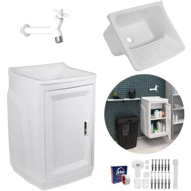 Imagem de Gabinete Lavanderia C/ Tanque Branco + Torneira + Veda Rosca