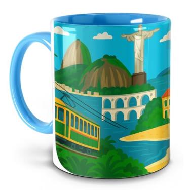 Imagem de Caneca Rio de Janeiro – Arte Colorida com Cristo, Pão de Açúcar, Bondinho e Praia | Estampa Turística Brasileira (Azul)