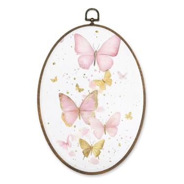 Imagem de LKETW Decoração de parede oval de borboleta rosa, decoração moderna para pendurar em tela oval rosa e dourada, decorações de parede de mariposa para quarto feminino, dormitório, casa, 21 x 29 cm