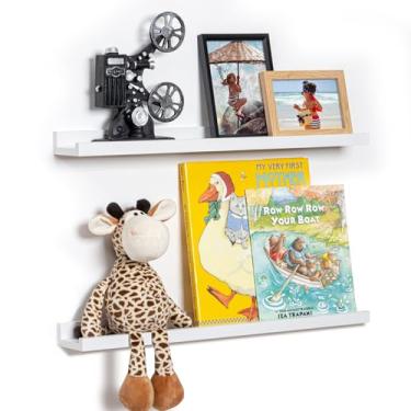 Imagem de Fun Memories Prateleira de borda para fotos, prateleiras flutuantes de 61 cm, conjunto de 2, prateleiras de livros de berçário para armazenamento de brinquedos, estante infantil montada na parede para