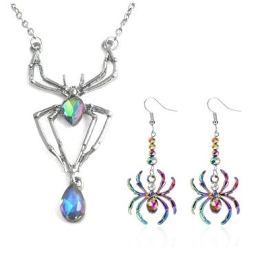 Imagem de Long tiantian Conjunto de anéis de brincos de aranha de Halloween com cristal verde gótico de aranha conjunto de joias femininas fantasias de Halloween acessórios para cosplay, Metal, Sem Pedra