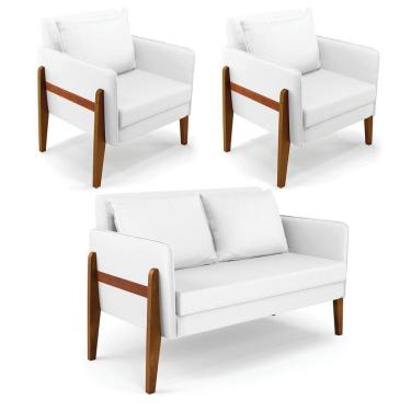 Imagem de Kit 1 Sofá Namoradeira e 2 Poltronas Lana Corino Branco Base de Madeira - D`Rossi