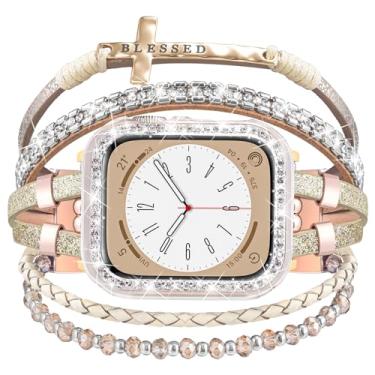 Imagem de Pulseira e capa Boho compatível com relógio Apple 40 mm, 44 mm, 45 mm, 46 mm, 41 mm, 38 mm e 42 mm(S10), pulseira de couro ajustável feita à mão para Apple Watch séries 10, 9, 8, 7, 6, 5, 4, 3, 2 e 1