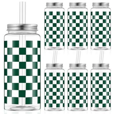 Imagem de Patelai Pacote com 24 copos de guingão verde-escuro 382 g Copos de plástico xadrez verde transparente com tampa e canudo copo xadrez de plástico reutilizável para chá de bebê, casamento, aniversário