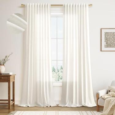 Imagem de Cortinas de linho branco bege de 250 cm de comprimento para quarto, gancho traseiro, aba plissada, bolso para varão semitransparente, filtro de luz, cortina moderna do chão ao teto para sala de jantar