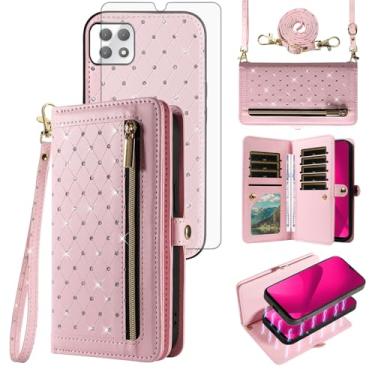 Imagem de Capa para celular T-Mobile Revvl 7 5G Carteira com zíper destacável com protetor de tela alça transversal Bling Flip suporte para cartão de crédito Tmobile Revvl7 T Mobile Revel Tmo Revell Rebel