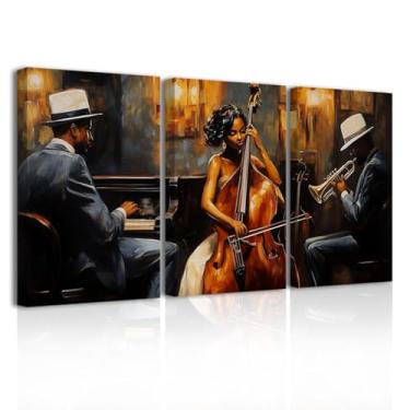 Imagem de LZIMU Arte de parede de jazz abstrata preta imagem de música afro-americana impressões em tela pintura de banda de jazz vintage para decoração de sala de aula de clube musical emoldurada (marrom, 30,5
