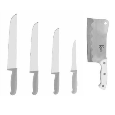 Imagem de Kit Facas Cabo Branco Açougueiro Churrasco Cozinha Carne 5un - SQ