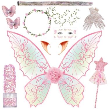 Imagem de Fairy Wings for Adults Women Floral Garland Star Wands Hair Tinsel Elf Ears Fairy Costume Halloween Cosplay 13PCS Pink