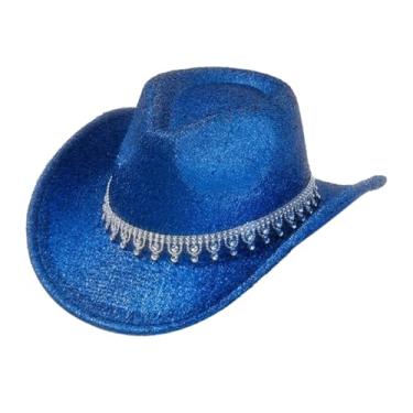 Imagem de Panchitalk Chapéu de cowboy com strass para homens e mulheres, estilo ocidental, aba larga, glitter, chapéu de cowgirl com diamante para casamento, Azul, Tamanho Único