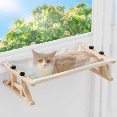 Imagem de Tresbro Poleiro de janela para gatos 2 em 1 e rede elevada para gatos, 39 cm L x 26 cm A x 66 cm C Cama para animais de estimação com moldura de madeira para gatos grandes em ambientes internos, fácil