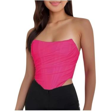 Imagem de Camisola Vintage Sem Alças Costas Abertas Tanques Femininos Desossada Malha Zip Back Bustier Top Colheita Para Fora Festa Namoro Tube Tops, Hot Pink, 3XL