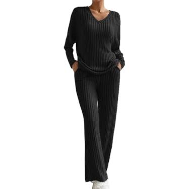 Imagem de Terno De Malha Feminino De Duas Peças, Terno De Lazer, Terno De Calças Com Decote Em V, Calças Retas De Jumper De Malha Com Nervuras De Manga Comprida, Terno Esportivo De Malha, black, L
