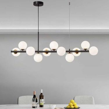 Imagem de Lustre De Globos De Vidro Moderno Mid Century Metal Pendurado Luz De Teto Dourada Globo Abajur Altura Ajustável Luminária Pingente Para Ilha De Cozinha Sala De Estar Quarto, Black, 7-Light
