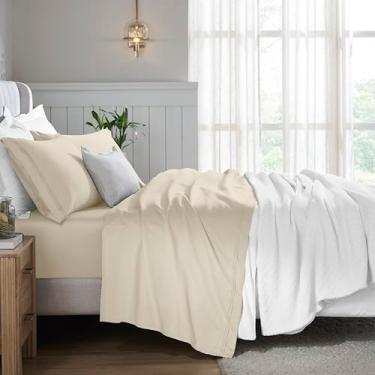 Imagem de Superior Jogo de lençol de 5 peças de algodão egípcio, 650 fios, design moderno, lençóis sustentáveis, básicos ultramacios, liso, lençol com elástico alto, lençol de cima, fronhas, King dividido