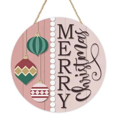 Imagem de Bolisom Letreiro rosa para porta da frente com bolas de Feliz Natal, casa de fazenda, cabide de madeira ao ar livre, varanda, decoração de casa, guirlanda de madeira de inverno, decoração de parede