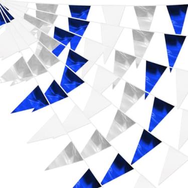 Imagem de 130FT Azul Marinho Branco Prata Glitter Triângulo Bandeira Bandeira Metálica Bunting Tecido Guirlanda para Natal, Formatura, Casamento, Chá de Noiva Náutico Ahoy Achor, Decoração de Festa Tema Ahoy