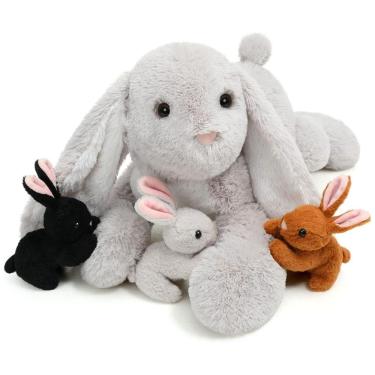 Imagem de Coelho de Pelúcia Gigante de 60 cm com 3 Coelhinhos Pequenos e Fofos, BENINY, Cinza