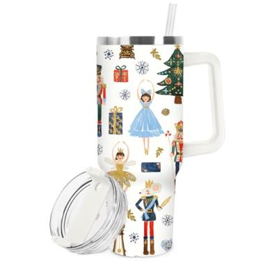 Imagem de JarThenaAMCS Copo de Natal com tampa canudo de 1,134 g de desenho animado Quebra-nozes Copo de viagem de aço inoxidável com alça para lembrancinha de festa de café gelado de Natal e inverno