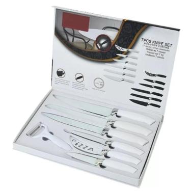 Imagem de Conjunto Facas Cozinha Ceramica Branca 7 Peças Kit Profissional Churrasco Carnes Paes Pizza Com