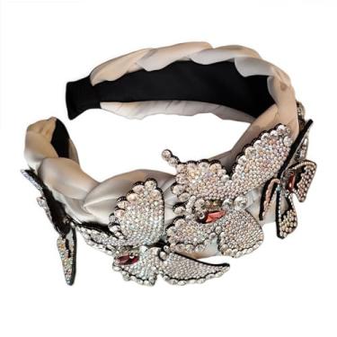 Imagem de XSKL Fitas de cabelo enfeitadas com borboleta de strass, faixas de cabelo trançadas largas para mulheres, acessórios de cabelo modernos perfeitos para casamentos, galas e eventos formais (Cáqui, M)