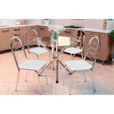 Imagem de Kit 4 Cadeiras Sala Jantar Volga C- Tampo De Vidro 95cm E 4 Cadeiras Holanda Cromada - Courano Branco - Kappesberg
