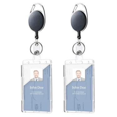 Imagem de Pacote com 2 porta-crachás verticais – Porta-cartões de identificação de plástico PS com compartimento e furos, porta-crachás de nome para cordões, uso no escritório ou na escola