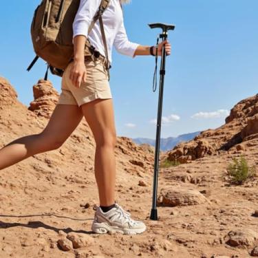Imagem de Bastão de trekking dobrável de 5 seções, leve, ajustável, com mecanismo de bloqueio, mastro telescópico de caminhada para idosos, caminhantes, viagens, preto