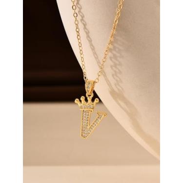 Imagem de 1 colar de coroa de diamante banhado a prata com letra A-Z para mulheres, joia fina, presente para mamãe, 40+6cm, Cobre, Sem Pedra Preciosa