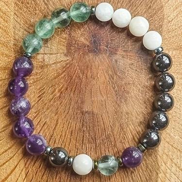 Imagem de Pulseira de mármore branco e pedra biliar preta de ametista fluorita colorida, Medium, Cristal, Sem Pedra Preciosa