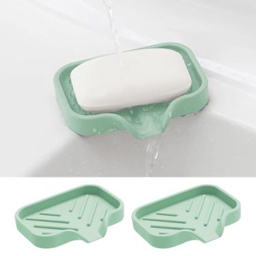 Imagem de 2 peças de saboneteira de cozinha de silicone, bandeja de pia para sabão e esponja para banheiro, suporte de sabão com design ranhurado (verde claro)
