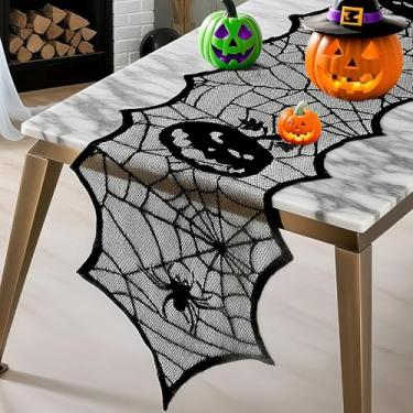 Imagem de Caminho de mesa de Halloween, corredor de mesa de teia de abóbora de renda preta para decorações de Halloween, cobertura de mesa de abóbora gótica para festa de máscaras, decoração de mesa de jantar