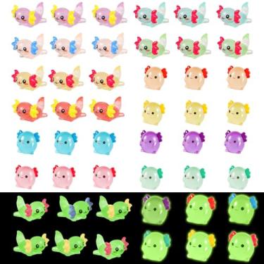 Imagem de 24 peças de mini axolote de resina, 2 estilos minúsculos estatuetas de axolote em miniatura que brilham no escuro pequeno ornamento de animais brinquedo para artesanato faça você mesmo, jardim