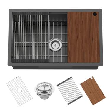 Imagem de Pia de cozinha preta, 76 cm x 48 cm de aço inoxidável, tigela única, pia de cozinha embutida, borda embutida, pia de estação de trabalho para colocar/deslizar acessórios, tábua de corte, escorredor