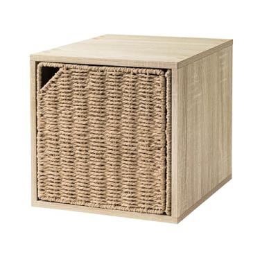 Imagem de ALES Organizador de armazenamento de cubo com portas, armazenamento de cubo de porta de palha de papel tecido à mão de 28 cm, estante de livros pequena costeira com portas, capa de prateleira boho