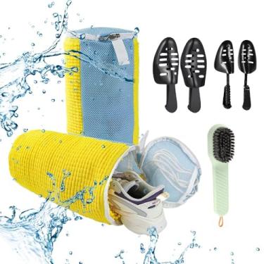 Imagem de Bolsa para máquina de sapatos com escova de limpeza para máquina de lavar, bolsa de roupa reutilizável para sapatos de ginástica branca. 2 pares de árvores de sapato ajustáveis, zíper durável para