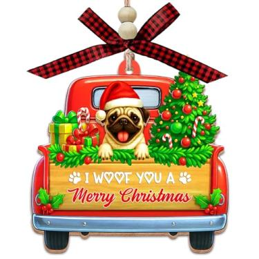 Imagem de GoGi93Art I Woof You A Merry Christmas - Enfeite de madeira de 2 camadas de cachorro Pug em caminhão - Decoração de Natal rústica fofa - Presente para amantes de cães e donos de animais de estimação