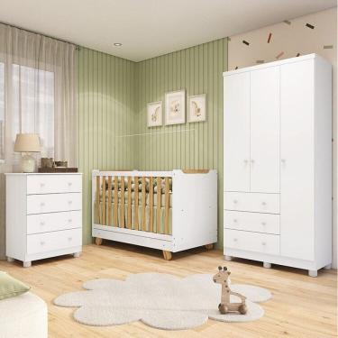 Imagem de Quarto de Bebê com Guarda-roupa 3 Portas Cômoda e Berço 4em1 Minicama 100% Mdf Mike Espresso Móveis Branco Brilho/Amêndoa
