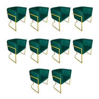 Imagem de Kit 10 Poltronas Decorativa Sala De Estar Base De Ferro Dourada Veludo Verde