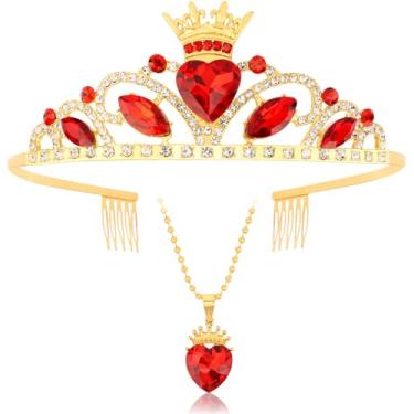 Imagem de Tihebax Conjunto de coroa e colar da rainha de copas, tiara de cristal de coração vermelho para mulheres e meninas - acessórios de fantasia inspirados em descendentes de princesa pêssego para