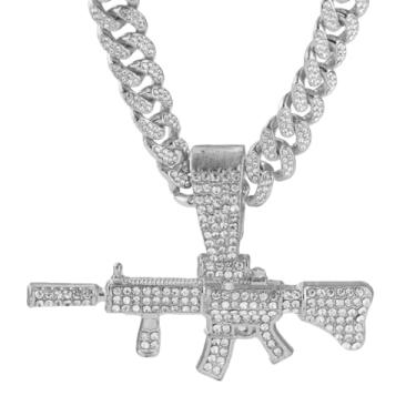 Imagem de GuoShuang Corrente cubana gelada com pingente de arma para homens/mulheres, joia hip hop, corrente cubana Miami de 45,7 cm, colar estilo corrente de diamante para homens e mulheres